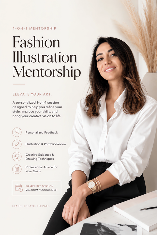 Fashion illustration mentorship poster featuring Nina Art Studio founder offering one-on-one online coaching for fashion illustration, portfolio development, and creative guidance